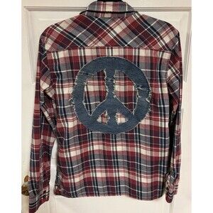 21 men Forever 21 PEACE Upcycled Snap up Size Small Flannel Shirt Unisex Plaid